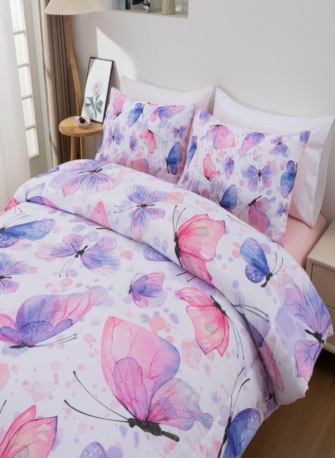 Btargot 3 Piece Butterfly Pattern Girls Comforter Set, Colorful Ink Stick Printing Bedding Set for Women, Purple Pink Full - Image 4