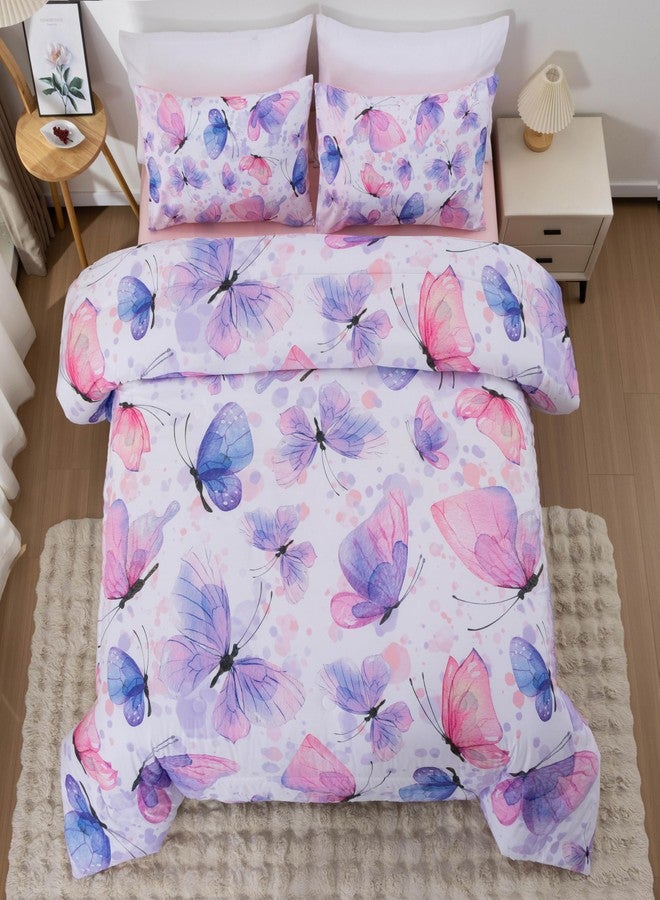 Btargot 3 Piece Butterfly Pattern Girls Comforter Set, Colorful Ink Stick Printing Bedding Set for Women, Purple Pink Full - Image 2