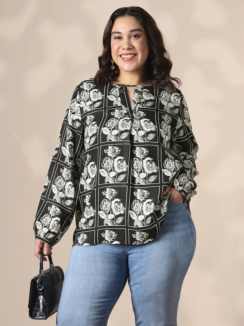 Globus Gloplus Women Black Keyhole Neck Bishop Sleeves Floral Print Plus Size Top