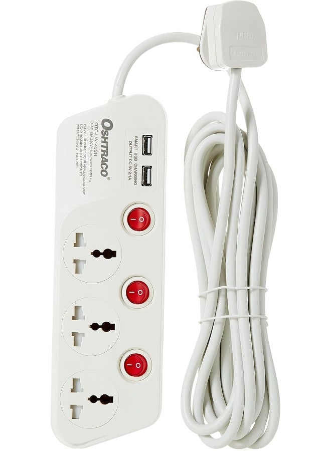 Oshtraco 3 Way Switch Extension Cord with 4 Meter Wire and 2.1A USB - Image 1