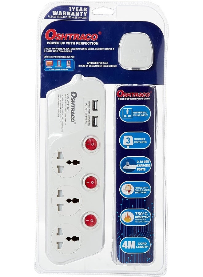 Oshtraco 3 Way Switch Extension Cord with 4 Meter Wire and 2.1A USB - Image 2