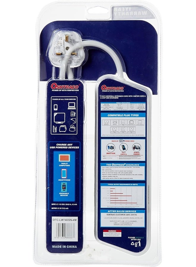 Oshtraco 3 Way Switch Extension Cord with 4 Meter Wire and 2.1A USB - Image 3