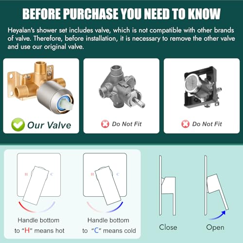 Heyalan Shower Faucet Set Square Stainless Steel Bathroom Rainfall Shower System One Handle Single Function Shower Trim Kit with Roughin Valve Male ThreadCeiling Mount10 InchBrushed Nickel - Image 3