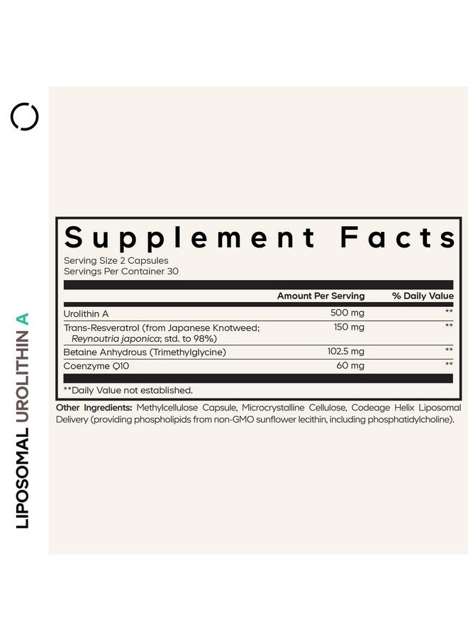 Codeage Codeage Liposomal Urolithin A Supplement 500mg Per Serving + Resveratrol, Betaine, CoQ10, Ellagitannins - A New Frontier Beyond NADH, NMN, NAD, NR, and PQQ Vitamins - Bioavailable - 60 Capsules  - Image 2