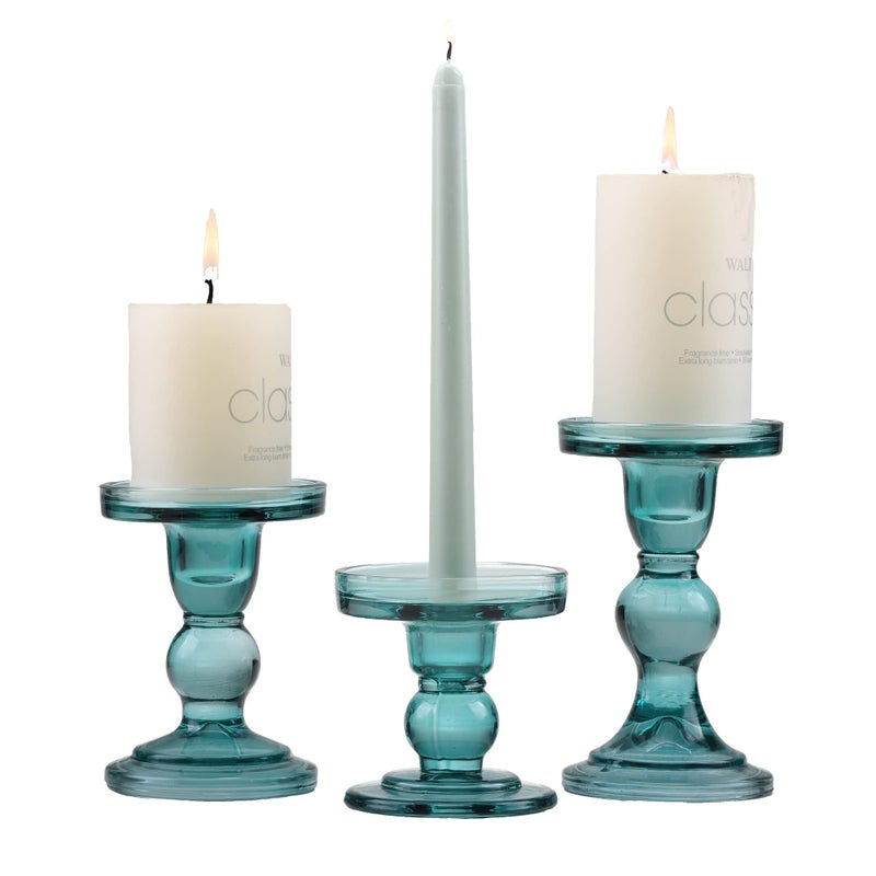 GMWD 3 Pcs Glass Candle Holder Set Clear Green Candlesticks Holders Pillar Taper Candles Tealight Stand for Wedding Centerpieces Home Decorations Dining Table