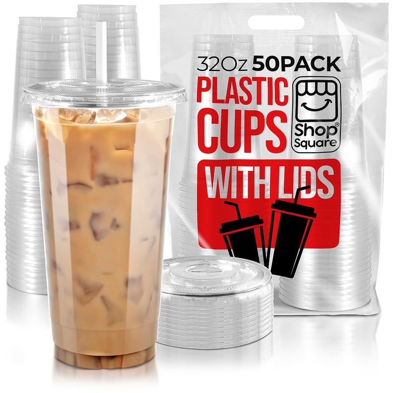 Shop Square 32 oz Plastic Cups with Lids 50 Pack  Disposable Clear Cups for Iced Coffee Boba Milk Tea Smoothies and Fruit Shakes for Parties Cafes Restaurants