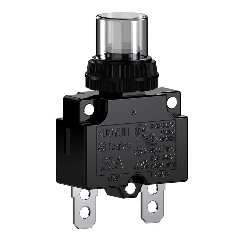 DIYhz 25Amp Circuit Breakers Thermal Overload Switch Protector 88 Series Manual Push Button Reset with Quick Connect Terminals and Waterproof Button Cap 32VDC or 125/250VAC - Image 1