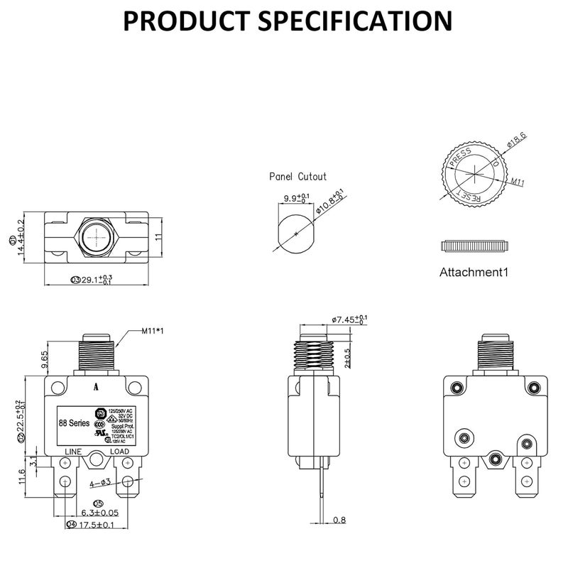 DIYhz 25Amp Circuit Breakers Thermal Overload Switch Protector 88 Series Manual Push Button Reset with Quick Connect Terminals and Waterproof Button Cap 32VDC or 125/250VAC - Image 2