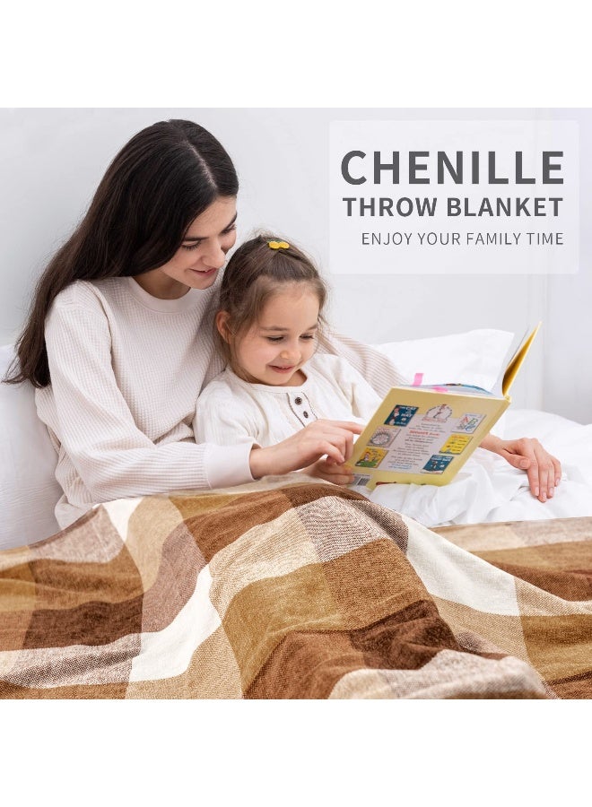 RECYCO Buffalo Paid Chenille Throw Blanket for Couch, Soft Cozy Decorative Buffalo Check Blanket Throw with Tassels for Bed Sofa, Lightweight Chenille Knitted Throw, Plaid Brown Off White, 50'' x 60'' - Image 3