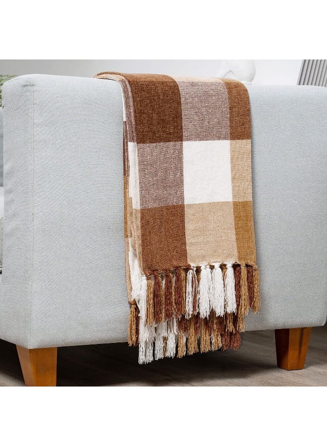 RECYCO Buffalo Paid Chenille Throw Blanket for Couch, Soft Cozy Decorative Buffalo Check Blanket Throw with Tassels for Bed Sofa, Lightweight Chenille Knitted Throw, Plaid Brown Off White, 50'' x 60'' - Image 1