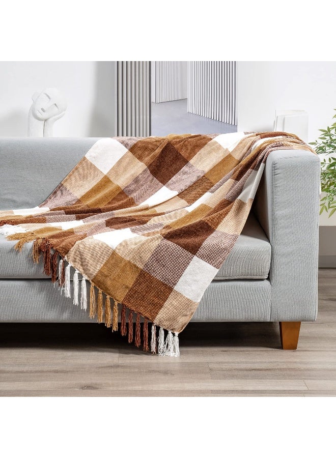RECYCO Buffalo Paid Chenille Throw Blanket for Couch, Soft Cozy Decorative Buffalo Check Blanket Throw with Tassels for Bed Sofa, Lightweight Chenille Knitted Throw, Plaid Brown Off White, 50'' x 60'' - Image 2