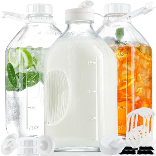 Syntic 3 Pack 2 Qt Glass Water Bottles with Handle and Airtight Reusable SCREW LID - 64 Oz Juice Jugs, 1/2 Gallon Glass Milk Container for Fridge, Breast Milk Jug Pitcher with 2 Spouts, Extra Lids & Handles - Image 1