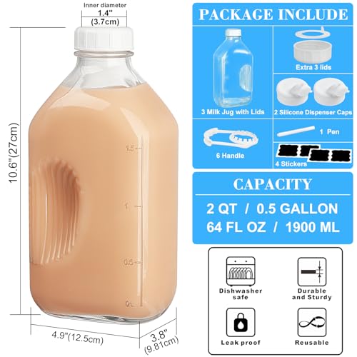 Syntic 3 Pack 2 Qt Glass Water Bottles with Handle and Airtight Reusable SCREW LID - 64 Oz Juice Jugs, 1/2 Gallon Glass Milk Container for Fridge, Breast Milk Jug Pitcher with 2 Spouts, Extra Lids & Handles - Image 5