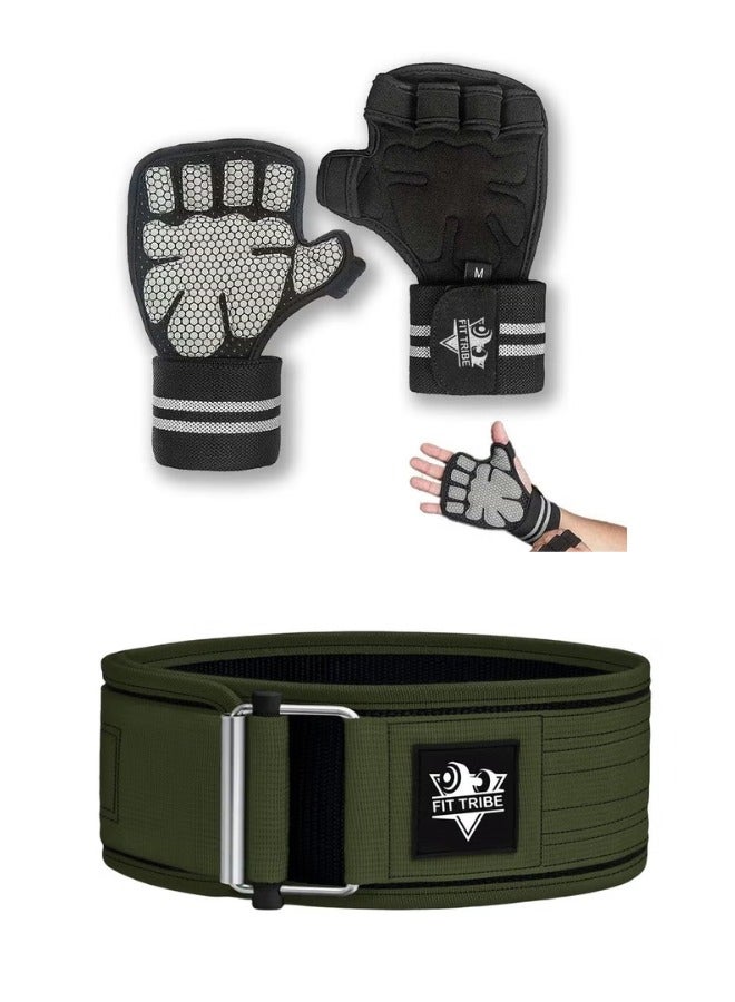 Fit Tribe Weight Lifting Gloves + Self-Locking Gym Belt Combo for Men & Women – Non-Slip Grip Gloves with Wrist Support + Adjustable Nylon Belt for Powerlifting, Strength Training & Gym Workouts - Image 1