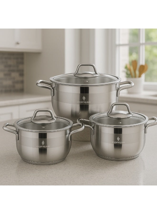 سوفرام طقم قدور سوفرام استيل تركي عالي الجودى غطاء زجاج 6 قطع - Image 1
