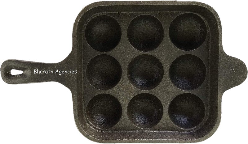 Bharath Agencies 9 Cavity Appam Patra Kuzhi Paniyaram Pre-Seasoned Cast Iron Paddu Tawa with Handle, Black, Each Hole - 2 inch in Diameter - Image 4