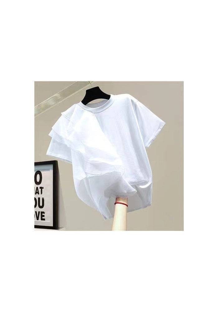 Spot Fashionable Large Ruffled Stacked Stitching Contrasting Color Pullover Short-Sleeved T-Shirt 2023 Spring New Slimming Look Top - Image 1
