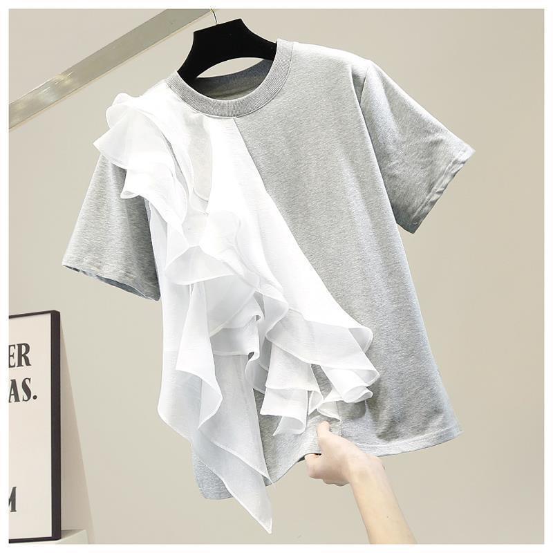 Spot Fashionable Large Ruffled Stacked Stitching Contrasting Color Pullover Short-Sleeved T-Shirt 2023 Spring New Slimming Look Top - Image 3