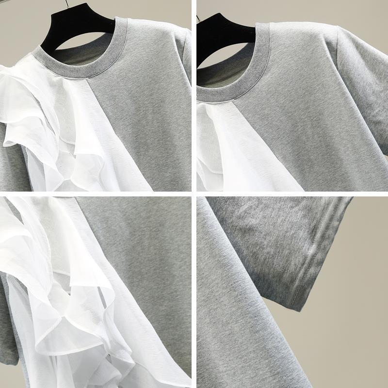 Spot Fashionable Large Ruffled Stacked Stitching Contrasting Color Pullover Short-Sleeved T-Shirt 2023 Spring New Slimming Look Top - Image 5