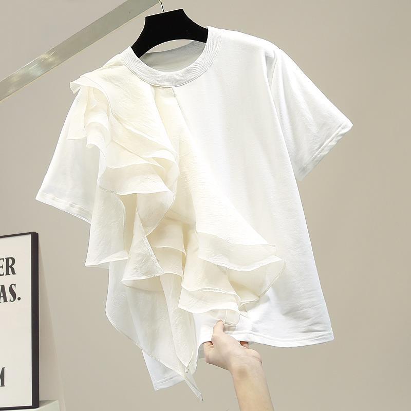 Spot Fashionable Large Ruffled Stacked Stitching Contrasting Color Pullover Short-Sleeved T-Shirt 2023 Spring New Slimming Look Top - Image 4