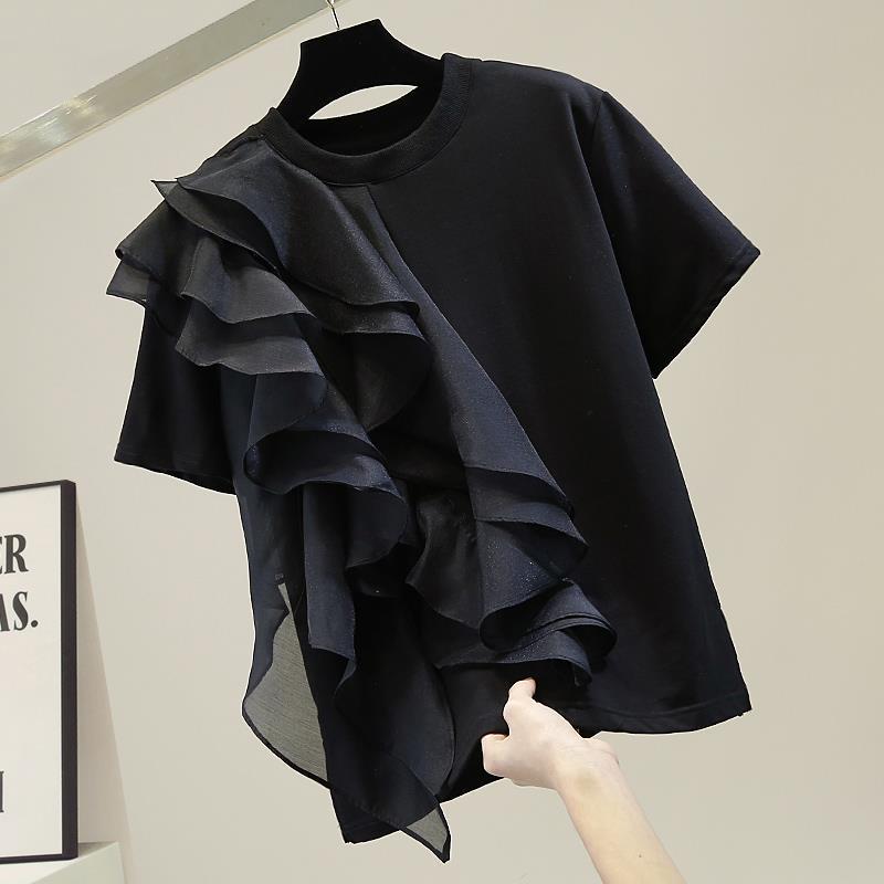 Spot Fashionable Large Ruffled Stacked Stitching Contrasting Color Pullover Short-Sleeved T-Shirt 2023 Spring New Slimming Look Top - Image 2