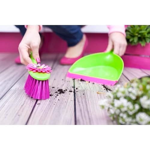 Vigar Flower Power Dust Pan and Brush Handy Set, 12-3/4-Inches, Green, Pink - Image 2