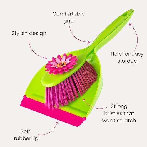 Vigar Flower Power Dust Pan and Brush Handy Set, 12-3/4-Inches, Green, Pink - Image 4