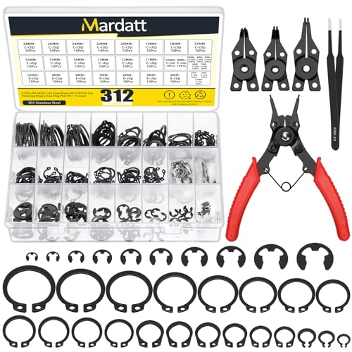 Mardatt 312Pcs 21 Sizes C-clip External Retaining Rings Snap Rings Assortment Set(M4-M28) with 10 Sizes E-Clip Retaining Rings Assortment Set(1.5mm-10mm), 4 in 1 Snap Ring Pliers and Tweezer - Image 1