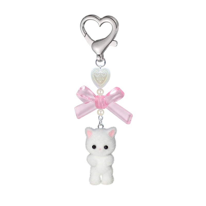 Agromusk Cute Cat Keychain,Fuzzy Kitty Cat Decor Gifts for Cat Lovers Girlfriend Y2K Heart Bow Ornament Pendent Women Girls Kawaii Cat Charms for Bags Backpack Wallet - Image 1