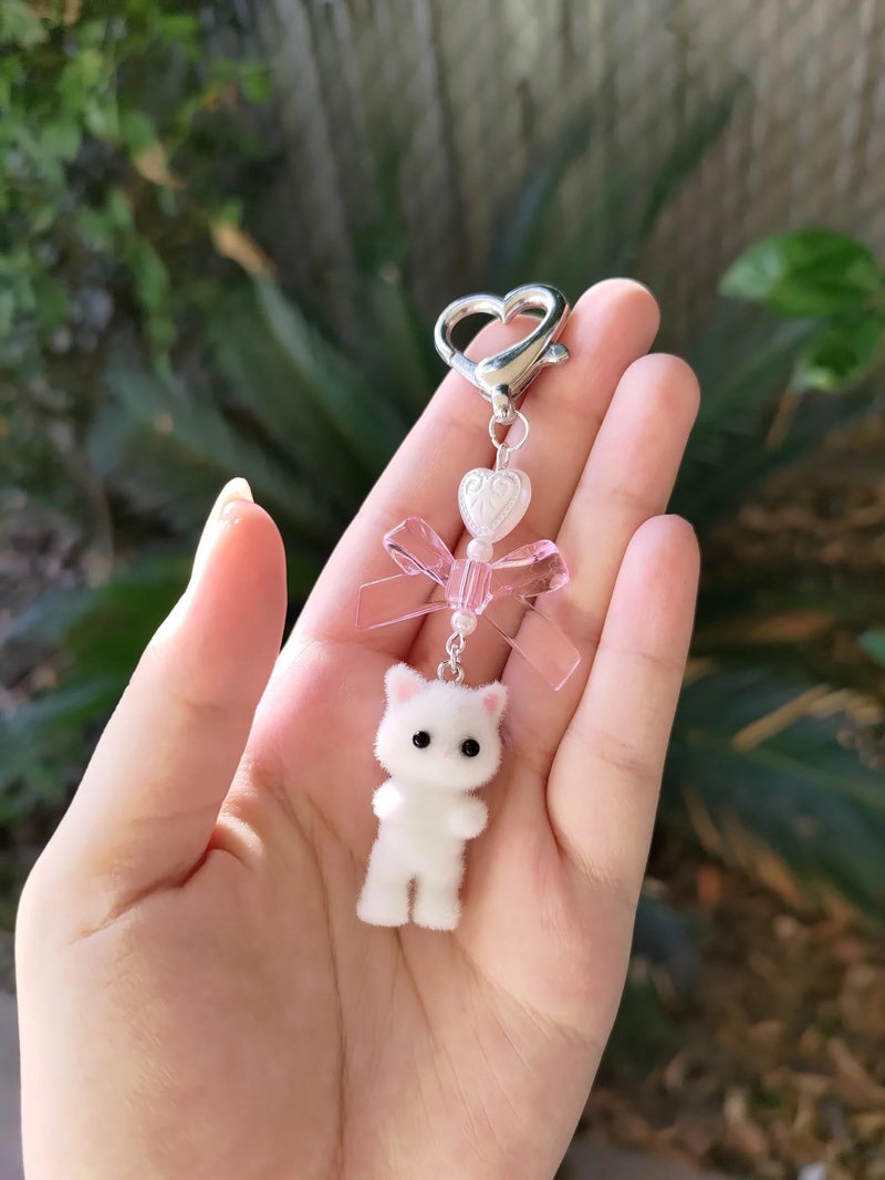 Agromusk Cute Cat Keychain,Fuzzy Kitty Cat Decor Gifts for Cat Lovers Girlfriend Y2K Heart Bow Ornament Pendent Women Girls Kawaii Cat Charms for Bags Backpack Wallet - Image 2