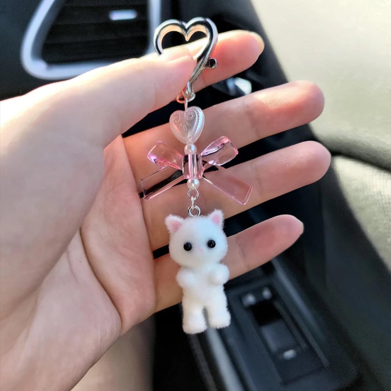 Agromusk Cute Cat Keychain,Fuzzy Kitty Cat Decor Gifts for Cat Lovers Girlfriend Y2K Heart Bow Ornament Pendent Women Girls Kawaii Cat Charms for Bags Backpack Wallet - Image 5