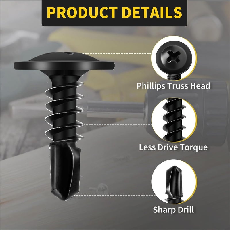 FIXLINK Sheet Metal Screws #8 x 1/2", 160pcs Phillips Modified Truss Head Self Tapping Screws for Metal, Self Drilling Screws, Black - Image 2