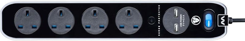 ماستربلاج مقبس تمديد خطي عالي اللمعان محمي من الصواعق بأربعة مقابس مع منفذي USB (أسود، 2 متر) - Image 3