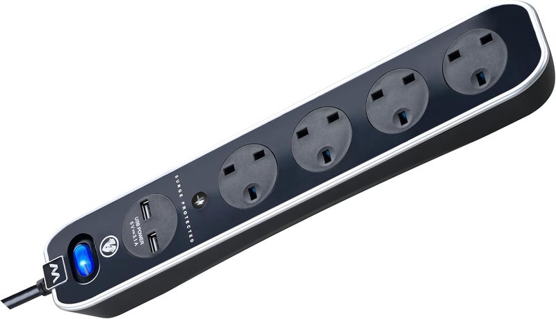 ماستربلاج مقبس تمديد خطي عالي اللمعان محمي من الصواعق بأربعة مقابس مع منفذي USB (أسود، 2 متر) - Image 1