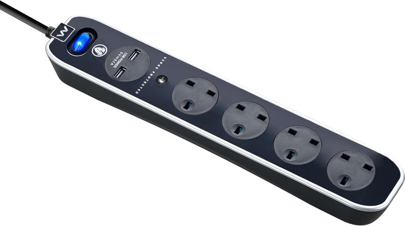 ماستربلاج مقبس تمديد خطي عالي اللمعان محمي من الصواعق بأربعة مقابس مع منفذي USB (أسود، 2 متر) - Image 2