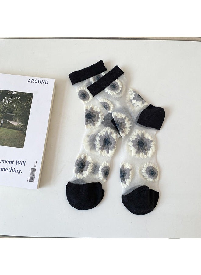 5 pairs of cool retro floral summer girls' layered socks, ice silk socks, fashionable and elegant slim tube socks, card silk women's socks - Image 4