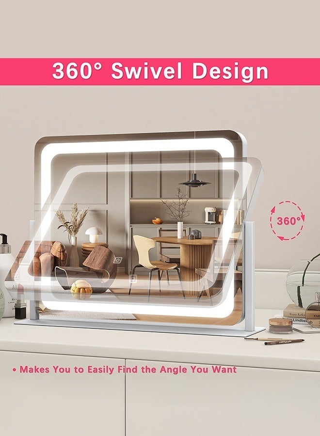 WALALLA 50×40cm Lighted Vanity Mirror with Dimmable LED Lights - 3 Color Modes, Smart Touch Control & 360° Rotating Base - Desk Makeup Mirror Metal frame (White) - Image 5
