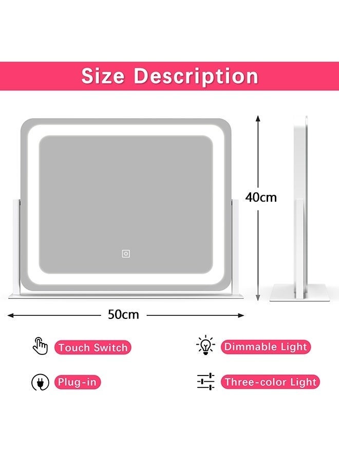 WALALLA 50×40cm Lighted Vanity Mirror with Dimmable LED Lights - 3 Color Modes, Smart Touch Control & 360° Rotating Base - Desk Makeup Mirror Metal frame (White) - Image 4