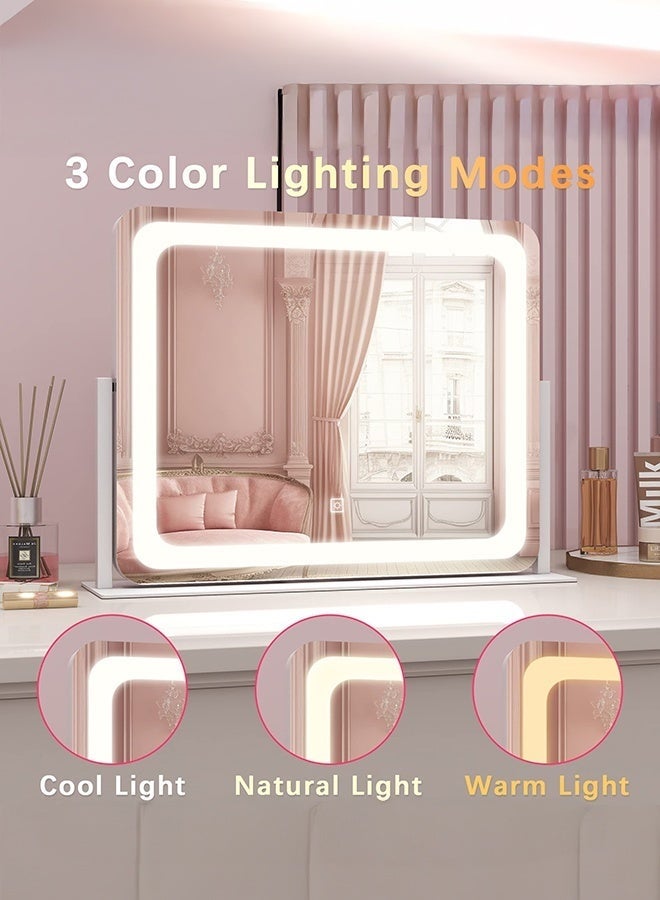 WALALLA 50×40cm Lighted Vanity Mirror with Dimmable LED Lights - 3 Color Modes, Smart Touch Control & 360° Rotating Base - Desk Makeup Mirror Metal frame (White) - Image 2
