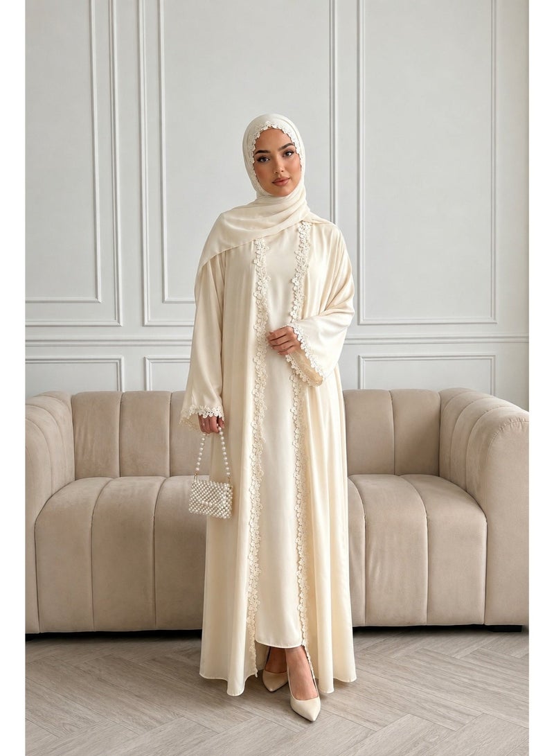 Women Lace Trim Open Front Abaya Set, Long Sleeve Modest Maxi Dress with Hijab - Image 4