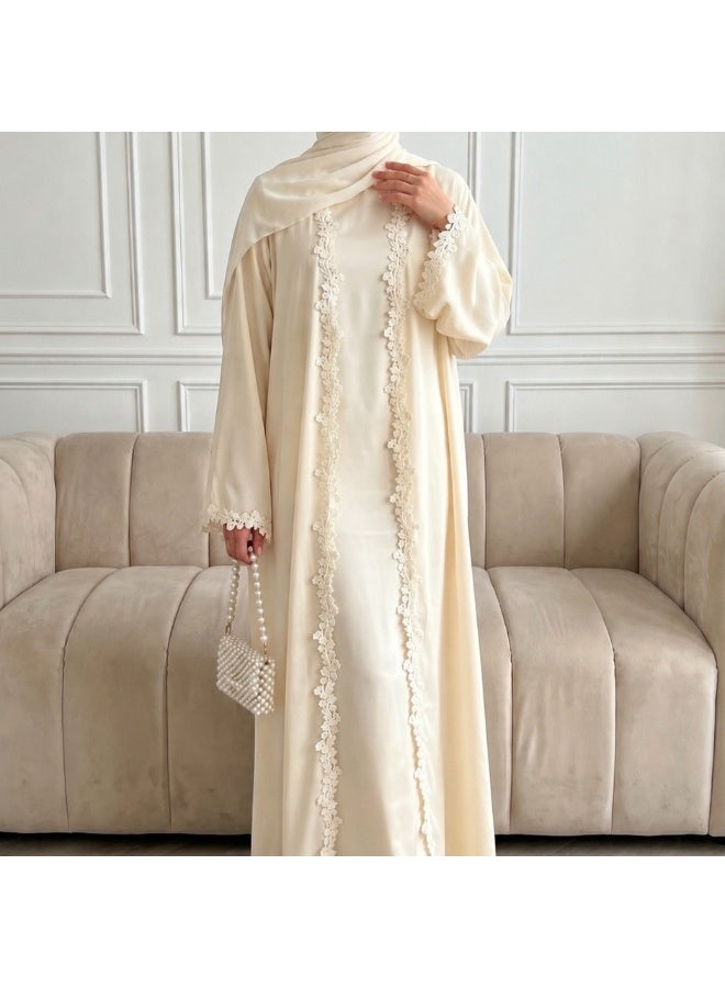 Women Lace Trim Open Front Abaya Set, Long Sleeve Modest Maxi Dress with Hijab - Image 1