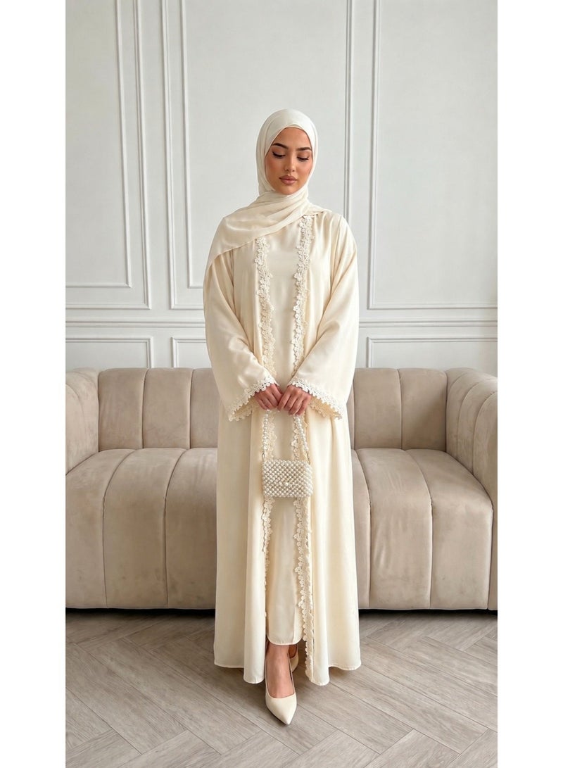 Women Lace Trim Open Front Abaya Set, Long Sleeve Modest Maxi Dress with Hijab - Image 3