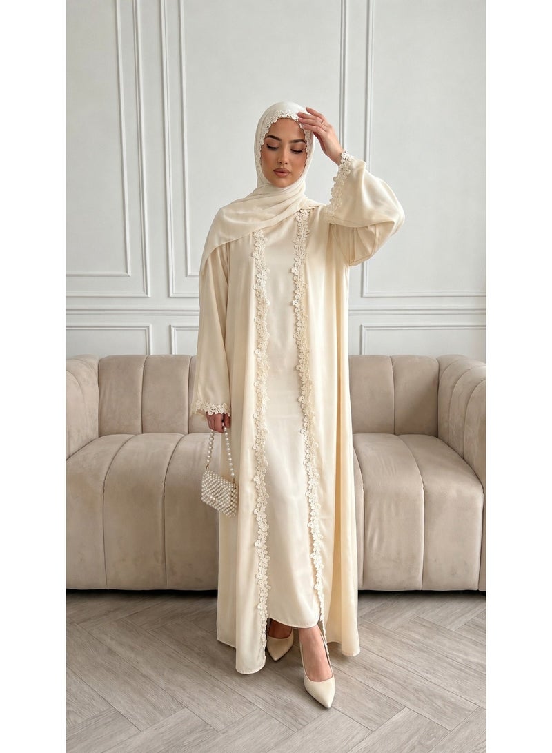 Women Lace Trim Open Front Abaya Set, Long Sleeve Modest Maxi Dress with Hijab - Image 5
