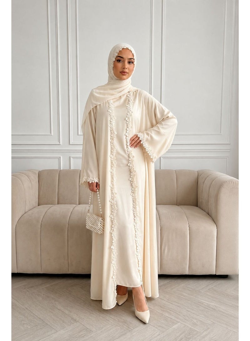 Women Lace Trim Open Front Abaya Set, Long Sleeve Modest Maxi Dress with Hijab - Image 2