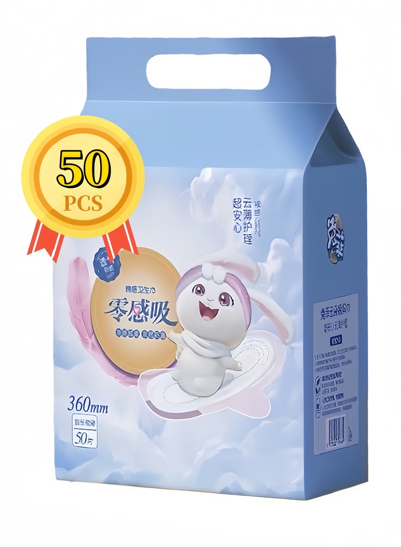 Lesha 50 Count Maxi Overnight Pads with Wings for Women, 360mm Long, 100% Cotton Top Layer, Extra Heavy Overnight Absorbency, Unscented - Image 1