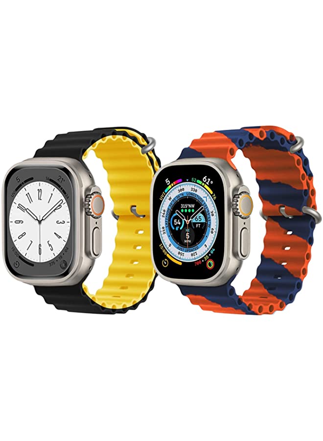 IAF Silicone Ocean Band Strap for Apple Watch Ultra 8 49mm Black/Yellow Double Side Strap with Orange/Blue Double Line Strap Set of 2