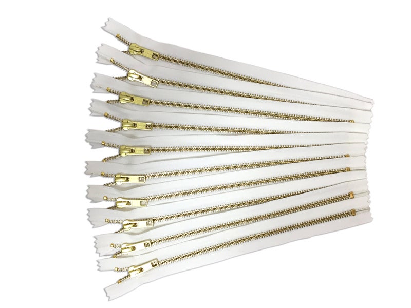 White Metal Zipper 6 Inch in Gold No5 for Bags Set of 12