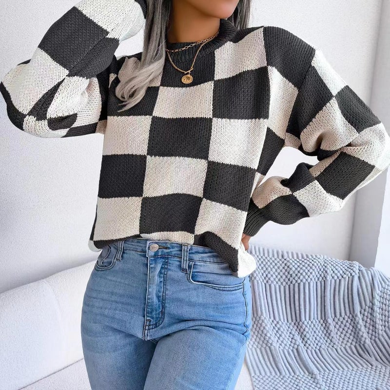 Sumleno Women's Color Block Checkered Crew Neck Long Sleeve Y2K Plaid Knitted Pullover Sweater Tops Vintage Preppy Style Knitwear (Black,M) - Image 2