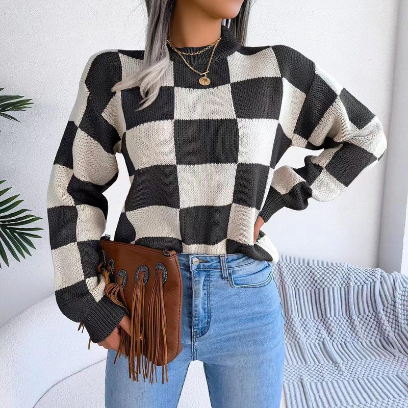 Sumleno Women's Color Block Checkered Crew Neck Long Sleeve Y2K Plaid Knitted Pullover Sweater Tops Vintage Preppy Style Knitwear (Black,M) - Image 5