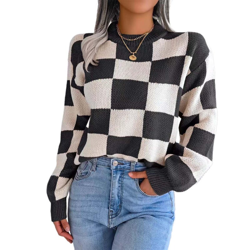 Sumleno Women's Color Block Checkered Crew Neck Long Sleeve Y2K Plaid Knitted Pullover Sweater Tops Vintage Preppy Style Knitwear (Black,M) - Image 1